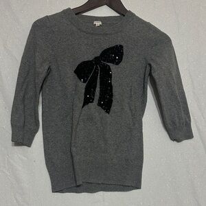 Vintage J. Crew Factory Wool Blend Gray Sweater with Black Sequin Bow. Size XS